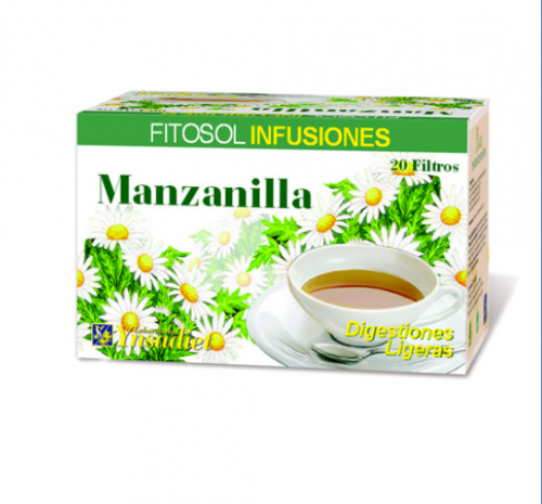 Fitosol Infusiones Manzanilla. Manzanilla (<i>Matricaria chamomilla</i> L., flores y tallos): 100%. 20 bolsitas filtro. Complemento alimenticio.