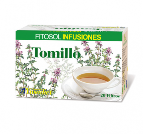 Fitosol Infusiones Tomillo. Tomillo (<i>Thymus vulgaris</i> L. / <i>Thymus zygis</i> L., hojas y flores): 100%. 20 bolsitas filtro. Complemento alimenticio.