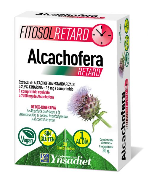 Fitosol Retard Alcachofera 30 comprimidos. Ingredientes por comprimido: 600 mg de extracto seco (12:1) de hoja de alcachofera <i>Cynara Scolymus</i> L.), 15 mg de cinarina. Complemento alimenticio.