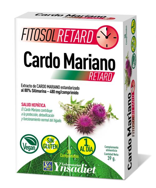 Fitosol Retard Cardo Mariano 30 comprimidos. Ingredientes por comprimido: 600 mg extracto seco de fruto de cardo mariano (<i>Silybum marianum</i> L.), 80% de silimarina. Complemento alimenticio.