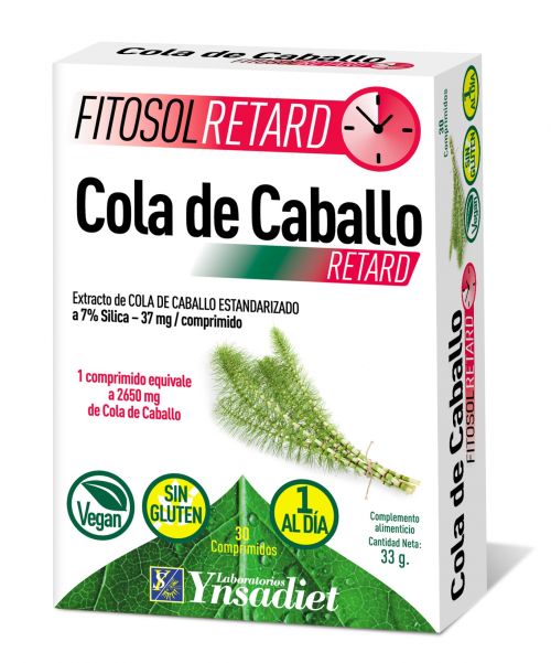Fitosol Retard Cola de Caballo 30 comprimidos. Ingredientes por comprimido: 530 mg de extracto seco (5:1) de parte aérea de cola de caballo (<i>Equisetum arvense</i> L.),  7% de sílice. Complemento alimenticio.