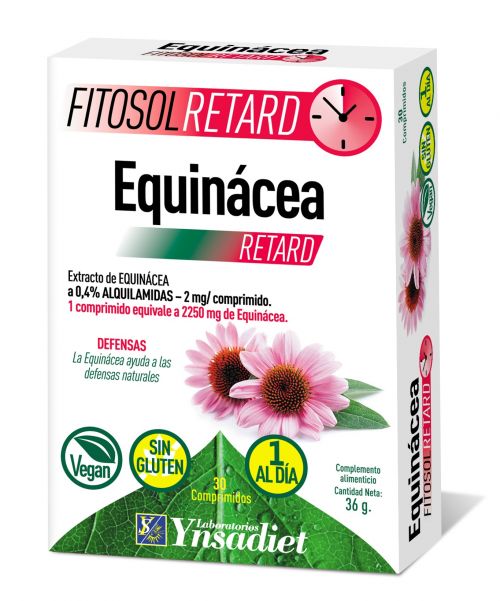 Fitosol Retard Equinácea 30 comprimidos. Ingredientes por comprimido: 500 mg de extracto seco (4,5:1) de raíz de equinácea (<i>Echinacea purpurea</i> L. Moench), 0,4% de alquilamidas. Complemento alimenticio.