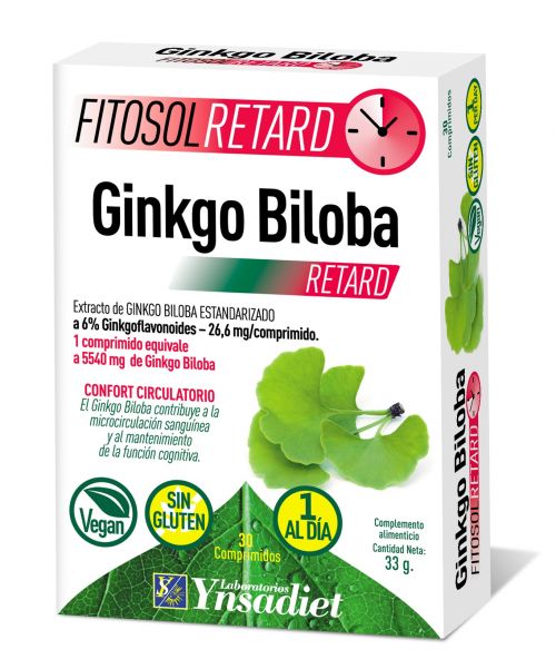 Fitosol Retard Ginkgo Biloba 30 comprimidos. Ingredientes por comprimido: 443 mg de extracto seco (12,5:1) de hoja de ginkgo (<i>Ginkgo biloba</i> L.), 6% de ginkgoflavonoides. Complemento alimenticio.
