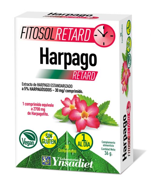 Fitosol Retard Harpago 30 comprimidos. Ingredientes por comprimido: 600 mg de extracto seco (4,5:1) de raíz de harpago (<i>Harpagophytum procumbens</i> DC y/o <i>H. Zeyheri</i> L. Decne), 5% de harpagósido. Complemento alimenticio.