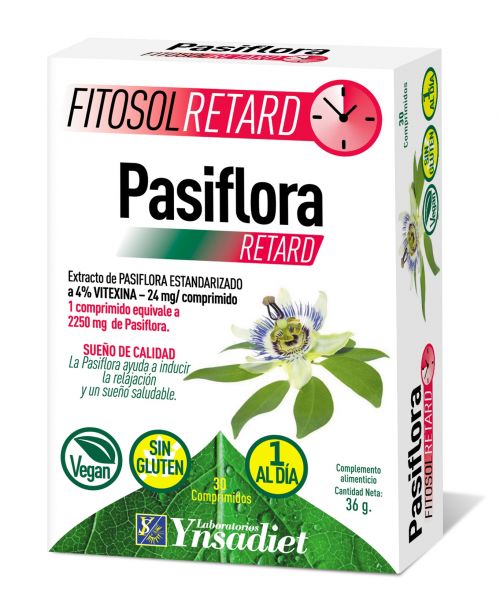 Fitosol Retard Pasiflora 30 comprimidos. Ingredientes por comprimido: 600 mg de extracto seco (3,75:1) de parte aérea de pasiflora (<i>Passiflora incarnata</i> L.), 24 mg de vitexina. Complemento alimenticio.