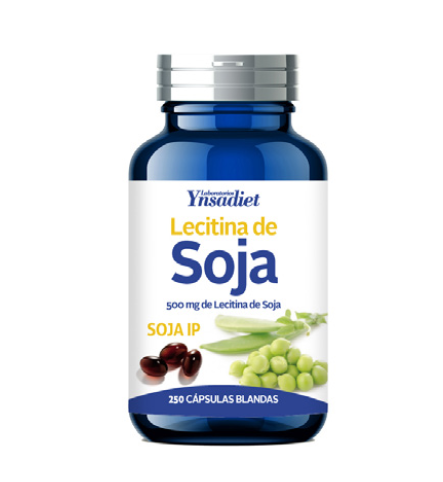 Lecitina de soja IP 500 mg. Hijas del Sol. Envases de 250 cápsulas blandas. Cada cápsula contiene 500 mg de lecitina de soja y 40 mg de aceite de soja. Complemento alimenticio.