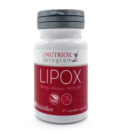 Lipox. 45 cápsulas. Cada cápsula contiene 200 mg de extracto seco de semilla de mango africano  IGOB 131 (<i>Mangifera indica</i> sub. <i>gabonensis</i>. Complemento alimenticio.