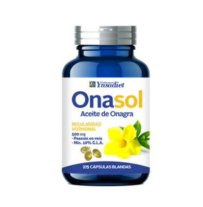 Onasol 500 Hijas del Sol. 275 cápsulas blandas. Cada cápsula contiene 500 mg de aceite de semilla de onagra (<i>Oenothera biennis</i> L. (10% GLA).