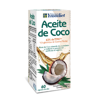Aceite de coco. 60 cápsulas blandas. Cada cápsula contiene 1000 mg de aceite de coco (<i>Cocos nucifera</i> L., fruta y semilla) de producción ecológica, rico en triglkicéridos de cadena corta: 47% de ácido láurico, 7% de caprílico y 7% de cáprico. Complemento alimenticio.