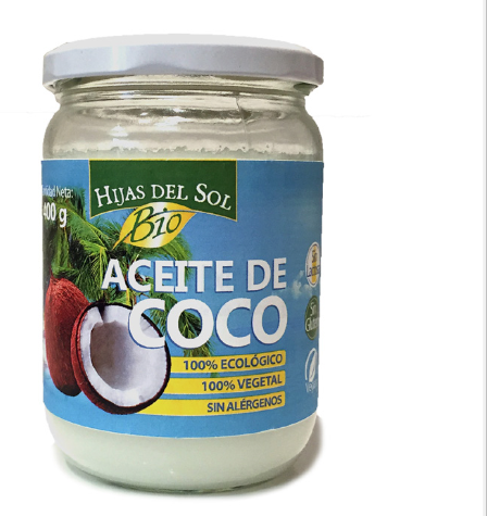 Aceite de coco Bio Hijas del Sol. 400 g de aceite de coco (<i>Cocos nucifera</i> L.). Producto alimenticio.