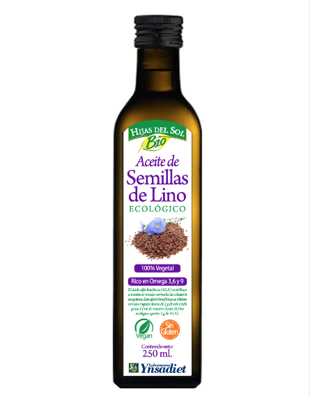 Aceite de semillas de Lino Bio Hijas del Sol. 250 mL. Aceite de semillas de lino (<i>Linum usitatissimum</i>) procedente de agricultura ecológica. 18% de ácido oléico (omega 9), 18% de ácido linoleico (omega 6) y 49% de ácido alfa-linolénico (omega 3). Producto alimenticio.