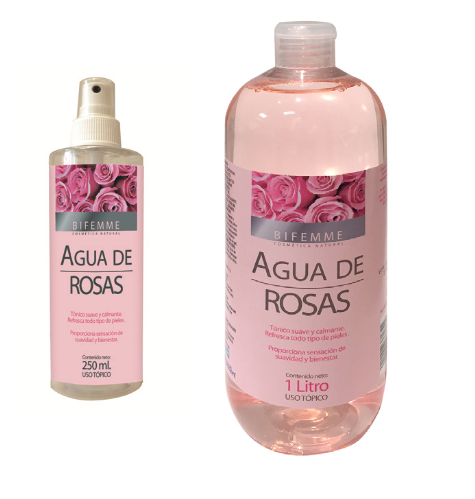 Agua de rosas. Envases de 250 mL y 1 L, con vaporizador. 