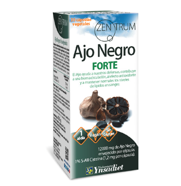 Zentrum Ajo Negro Forte. 30 cápsulas vegetales. Cada cápsula contiene 120 mg de extracto seco (100:1) de ajo negro envejecido (<i>Allium sativum</i> L., bulbo), 1% de S-alil-cisteína. Complemento alimenticio.