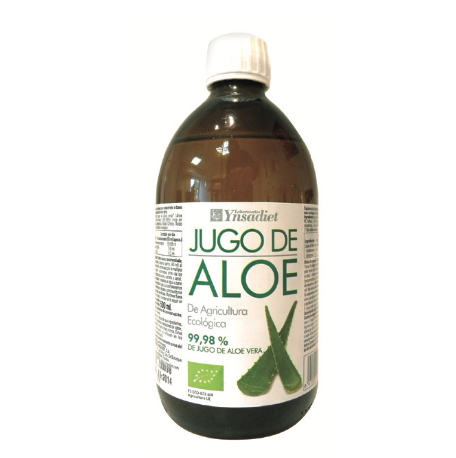 Jugo de Aloe vera Bio 99,98%. Envases de 500 mL (<i>Aloe barbadensis</i>, hojas), 10% de acemananos y 7% de aloverosa. Complemento alimenticio.