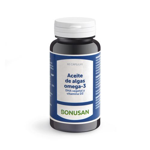 Aceite de algas omega 3. 60 cápsulas blandas. Cada capsula contiene 625 mg de aceite de la microalga <i>Schizochytrium</i> sp.), que aporta 5 mcg de vitamina D<sub>3</sub>. Complemento alimenticio.