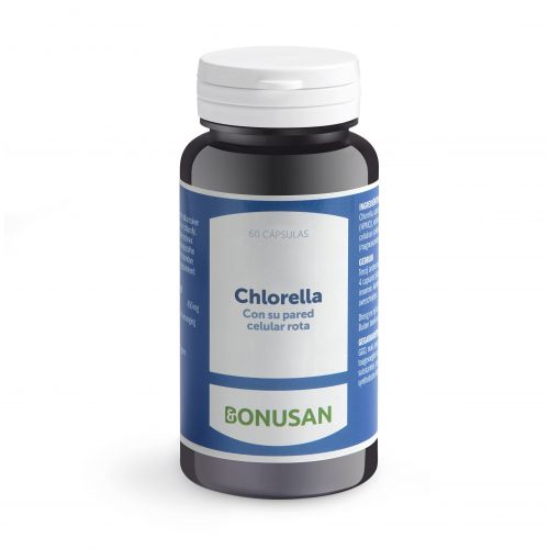 Chlorella. 60 cápsulas. Cada càpsula contiene 450 mg de <i>Chlorella pyrenoidosa</i> (pared celular rota). Agente de carga (celulosa microcristalina), antiaglomerante (estearato de magnesio). Complemento alimenticio.