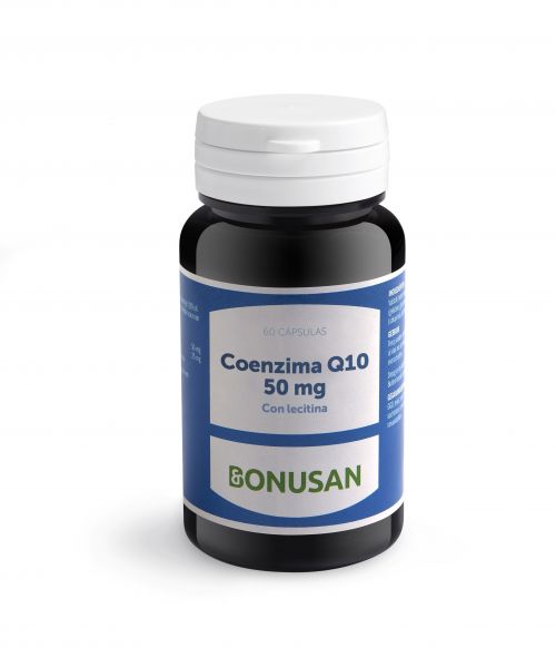 Coenzima Q10 50 mg. 60 cápsulas blandas. Cada cápsula contiene 50 mg de coenzima Q10 (ubiquinona) y 25 mg de lecitina. Complemento alimenticio.