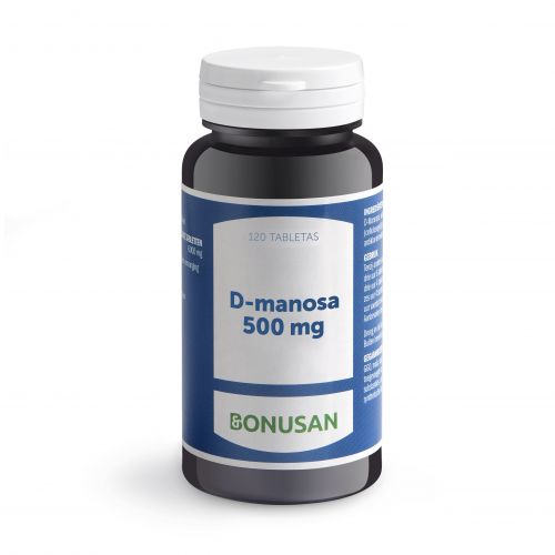 D-Manosa 500 mg. 120 comprimidos. Cada comprimido contiene 500 mg de d-manosa, agente de carga (celulosa microcristalina), agente de recubrimiento (HPMC, aceite MCT), antiaglomerante (estearato de magnesio). Complemento alimenticio.