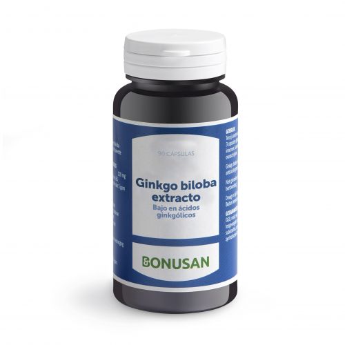 Ginkgo biloba extracto. 90 cápsulas. Cada cápsula contiene 40 mg de extracto de hoja de ginkgo, estandarizada con un mínimo de 24% heterósidos flavónicos y 6% lactonas terpénicas. Celulosa microcristalina, estearato de magnesio, celulosa (HPMC). Complemento alimenticio.