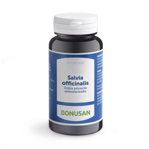 Salvia officinalis extracto. 60 cápsulas. Cada cápsula contiene 400 mg de extracto de <i>Salvia officinalis</i> (salvia), estandarizado a 4-6% de aceite esencial y mínimo 2,5% de ácido rosmarínico. Agente de carga (celulosa microcristalina), pared de la cápsula (celulosa HPMC), antiaglomerante (estearato de magnesio). Complemento alimenticio