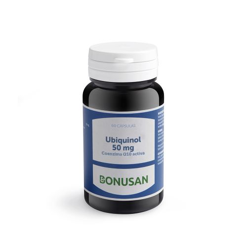 Ubiquinol 50 mg. 60 cápsulas. Cada cápsula contiene 50 mg de ubiquinol (coenzima Q10 activa, Kaneka QHTM). Agente de carga (aceite de colza), pared de la cápsula (gelatina, glicerina, agente colorante (caramelo)), estabilizante (monooleato de diglicerilo), estabilizante (cera de abejas), lecitina (soja). Complemento alimenticio.