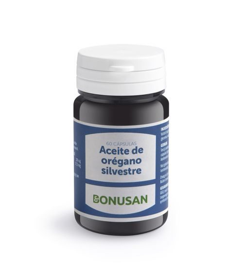 Aceite de Orégano Silvestre. 60 cápsulas de gelatina blanda (17,5 mg de carvacrol; timol, máximo 0,5%), base de aceite de oliva extra virgen prensado en frío. Complemento alimenticio.