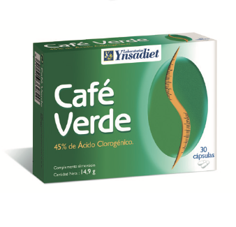 Café Verde. 30 cápsulas. Cada cápsula contiene 200 mg de café verde, extracto seco (<i>Coffea arabica</i> L., fruta), 45% de ácido clorogénico, 0,25% de cafeína. Complemento alimenticio.