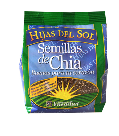 Semillas de Chía Hijas del Sol. 250 g. 18% de ácido alfa-linolénico (omega-3), 5,9% de ácido linoleico (omega 6) y 1,9% de ácido oleico (omega-9).