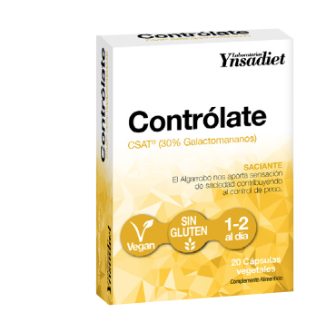 Contrólate. 20 cápsulas vegetales. Cada cápsula contiene 500 mg de extracto CSAT: mezcla (59% extracto, 37% goma) de algarrobo (<i>Ceratonia siliqua</i> L., fruto), 30% de galactomananos. Complemento alimenticio.