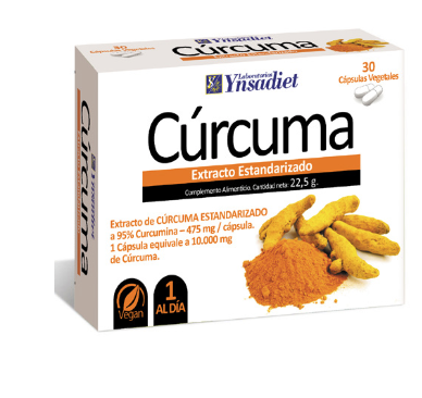 Cúrcuma. 90 cápsulas. Cada cápsula contiene 500 mg de extracto seco (20:1) de rizoma de cúrcuma (<i>Curcuma longa</i>), 95% de curcumina. Complemento alimenticio.