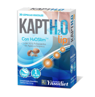 KaptH2O Lip. 30 cápsulas vegetales. Cada cápsula contiene 400 mg de extracto H2OSLIM (champiñón común, <i>Agaricus bisporus</i>), 95% de polisacáridos, 15% de beta-glucanos. Complemento alimenticio.