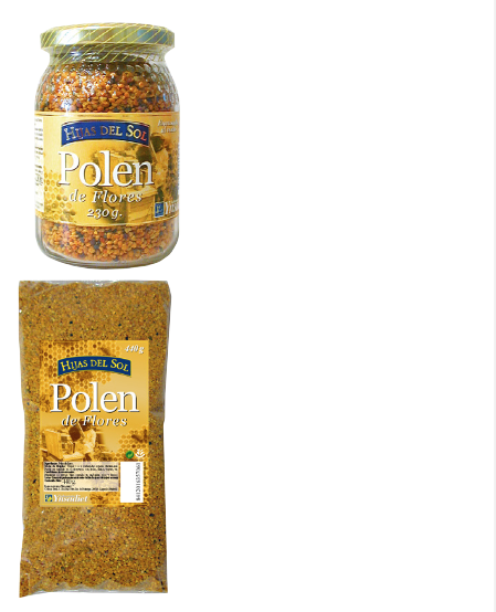 Polen de flores Hijas del Sol. Frascos de 230 y 440 g. Bolsas de 440 g y 1 Kg.