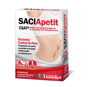 Saciapetit. 30 cápsulas vegetales. Cada cápsula contiene 500 mg de extracto CSAT: mezcla (59% extracto, 37% goma) de algarrobo (<i>Ceratonia siliqua</i> L., fruto), 30% de galactomananos. Complemento alimenticio.