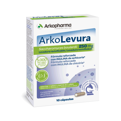Arkolevura Saccharomyces boulardii 250 mg. 10 cápsulas. Cada cápsula contiene 250 mg de <i>Saccharomyces boulardii</i> (2,5 mil millones de UFC) y 60 mg de inulina. Complemento alimenticio. CN: 181512.5. 