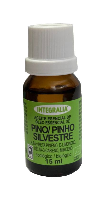 Aceite Esencial Pino Silvestre Eco 15 mL. Alfa y beta pineno, d-limoneno, delta-3-careno, mirceno. Aceite esencial de pino silvestre 100% (<i>Pinus sylvestris</i> L., agujas) ecológico. Complemento alimenticio.