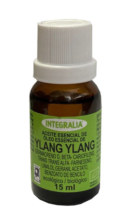 Aceite Esencial Ylang Ylang 15 mL. Germacreno d, beta-cariofileno, <i>trans</i>-alfa-farneseno, linalol, geranil acetato, benzoato de bencilo. Aceite esencial de Ylang Ylang 100% (<i>Cananga odorata</i> Lam. Flores) ecológico. Complemento alimenticio.  