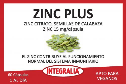 Zinc Plus. 60 cápsulas. 1 cápsula contiene: 200 mg de extracto de semillas de calabaza (<i>Cucurbita maxima</i> Duch) y 15 mg de citrato de Zinc (150% V.R.N.). Complemento alimenticio.