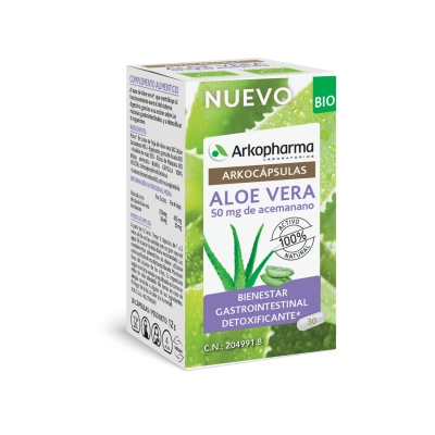 Arkocápsulas Aloe Vera Bio. 30 cápsulas. Cada cápsiula contiene 109 mg de polvo de zumo de hoja de áloe vera (13 mg de acemanano), espesante: goma de acacia, almidón de maíz , fibras de manzana. Cápsula vegetal: hidroxipropilmetilcelulosa. Complemento alimenticio. CN: 204991.8.