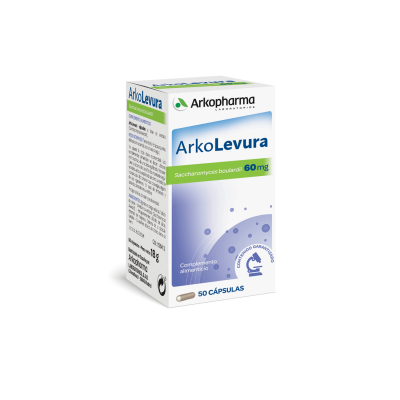 Arkolevura Saccharomyces Boulardii 60 mg. Cada cápsula contiene 60 mg de levadura de cerveza (<i>Saccaromyces cerevisiae</i>). Agentes de carga: celulosa, fosfato de calcio, antiaglomerantes: dióxido de silicio, estearato de magnesio. Cubierta de la cápsula: gelatina. Colorantes: dióxido de titanio, óxido de hierro.. Envases de 50 cápsulas, CN: 153541.2. 