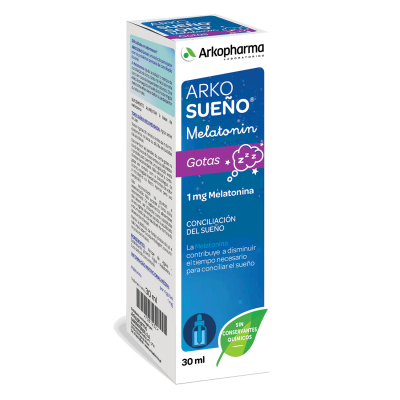 Arkosueño Melatonin Gotas 30 mL. Cada dosis (4 mL) aportan 1 mg de melatonina. Excipientes: jarabe de ágave, estabilizante: glicerol, agua, zumo concentrado de limón. CN: 203776.2. Complemento alimenticio.