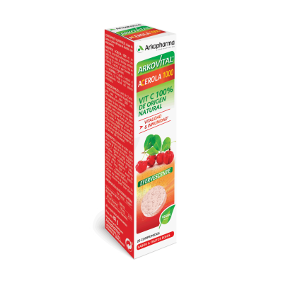 Arkovital Acerola 1000 Efervescente. Cada comprimido contiene 1000 mg de zumo en polvo de bayas de acerola (<i>Malpighia glabra</i>) equivalentes a 170 mg de vitamina C (213% VRN). Envases de 20 comprimidos efervescentes, CN: 201705.4. Complemento alimenticio