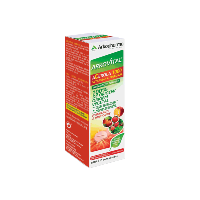 Arkovital Acerola 1000 Masticable. Cada comprimido contiene 1000 mg de zumo en polvo de bayas de acerola (<i>Malpighia glabra</i>) equivalentes a 170 mg de vitamina C (213% VRN). Envases de 15 comprimidos masticables (CN: 212841.5) y de 30 comprimidos masticables (CN: 182146.1). Complemento alimenticio
