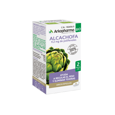 Arkocápsulas Alcachofa Bio. Cada cápsula contiene 175 mg de polvo y 80 mg de extracto de hoja de alcachofa (<i>Cynara scolymus</i> L.), equivalentes a 1.275 mg de hoja seca (9,2 mg de polifenoles). Envases de 40 cápsulas (CN: 182656.5), 80 cápsulas (CN: 183448.5) y 130 cápsulas (CN: 183447.8). Complemento alimenticio.