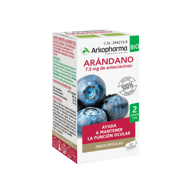 Arkocápsulas Arándano Bio. Cada cápsula contiene 360 mg de polvo y 30 mg de extracto de fruto de arándano (<i>Vaccinium myrtillus</i> L.) con un contenido de 7,5 mg de antocianinas. Envases de 40 cápsulas. CN: 294215.8. Complemento alimenticio.