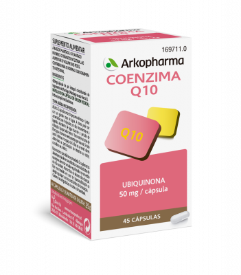 Arkopharma Coenzima Q10. Cada cápsula contiene 50 mg de coenzima Q10. 45 cápsulas, CN: 169711.0. Complemento alimenticio.