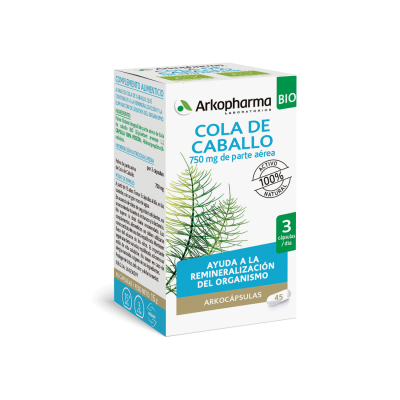 Arkocápsulas Cola de Caballo Bio. Cada cápsula contiene 250 mg de parte aérea criomolida de cola de Caballo (<i>Equisetum arvense</i> L.).  Envase de 50 cápsulas (CN: 664951.0). Envase de 45 cápsulas, CN: 046160.0. Complemento alimenticio.