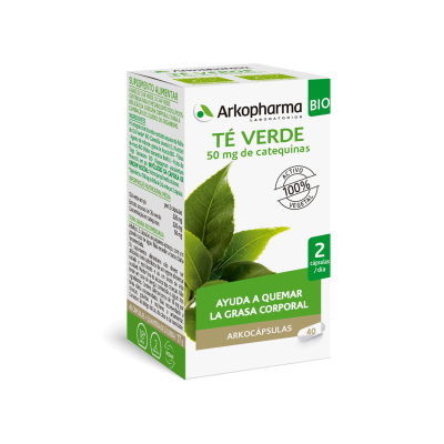 Arkocápsulas Té Verde Bio. Cada cápsula contiene 110 mg de polvo y 110 mg de extracto acuoso de hoja de té verde (<i>Camellia sinensis</i> (L.) Kuntze), equivalente a 880 mg de hoja, con una concentración en catequinas de 25 mg. Agente de carga: goma de acacia bio, fibras de manzana bio, polvo de fruto de trigo sarraceno bio, cápsula vegetal: hidroxipropilmetilcelulosa. Envases de 40 cápsulas, CN: 193641.7. Complemento alimenticio.