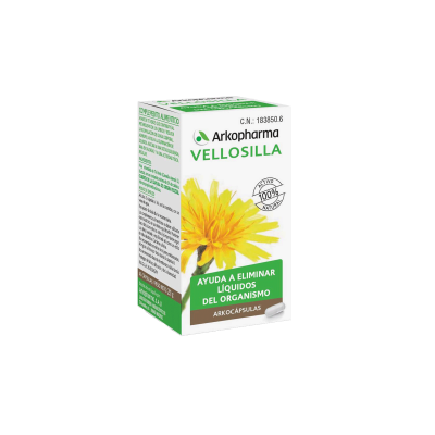 Arkocapsulas Vellosilla. Cada cápsula contiene 260 mg de polvo de la parte aérea de vellosilla (<i>Hieracium pilosella</i> L.), con un contenido mínimo del 2,5% de derivados dihidroxicinámicos (expresados en ácido clorogénico). Almidón, antiaglomerante: estearato de magnesio, recubrimiento de origen vegetal: hidroxipropilmetilcelulosa. Envases de 45 cápsulas, CN: 183850.6. Complemento alimenticio.