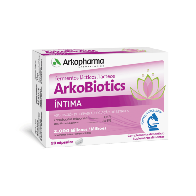 Arkobiotics Íntima. Cada cápsula contiene 2 x 10<sup>9</sup> UFC de fermentos lácticos (<i>Bacillus coagulans, Lactobacillus acidophilus</i>). 20 cápsulas, CN: 160933.5. Complemento alimenticio.