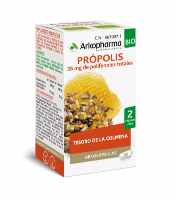 Arkocápsulas Própolis BIO. Cada cápsula contiene 342 mg de extracto de própolis, con una concentración de polifenoles totales de 17,5 mg. Fibras de manzana bio, cápsula vegetal: hidroxipropilmetilcelulosa. 40 cápsulas (CN: 367037.1), 80 cápsulas (CN: 376723.1). Complemento alimenticio.